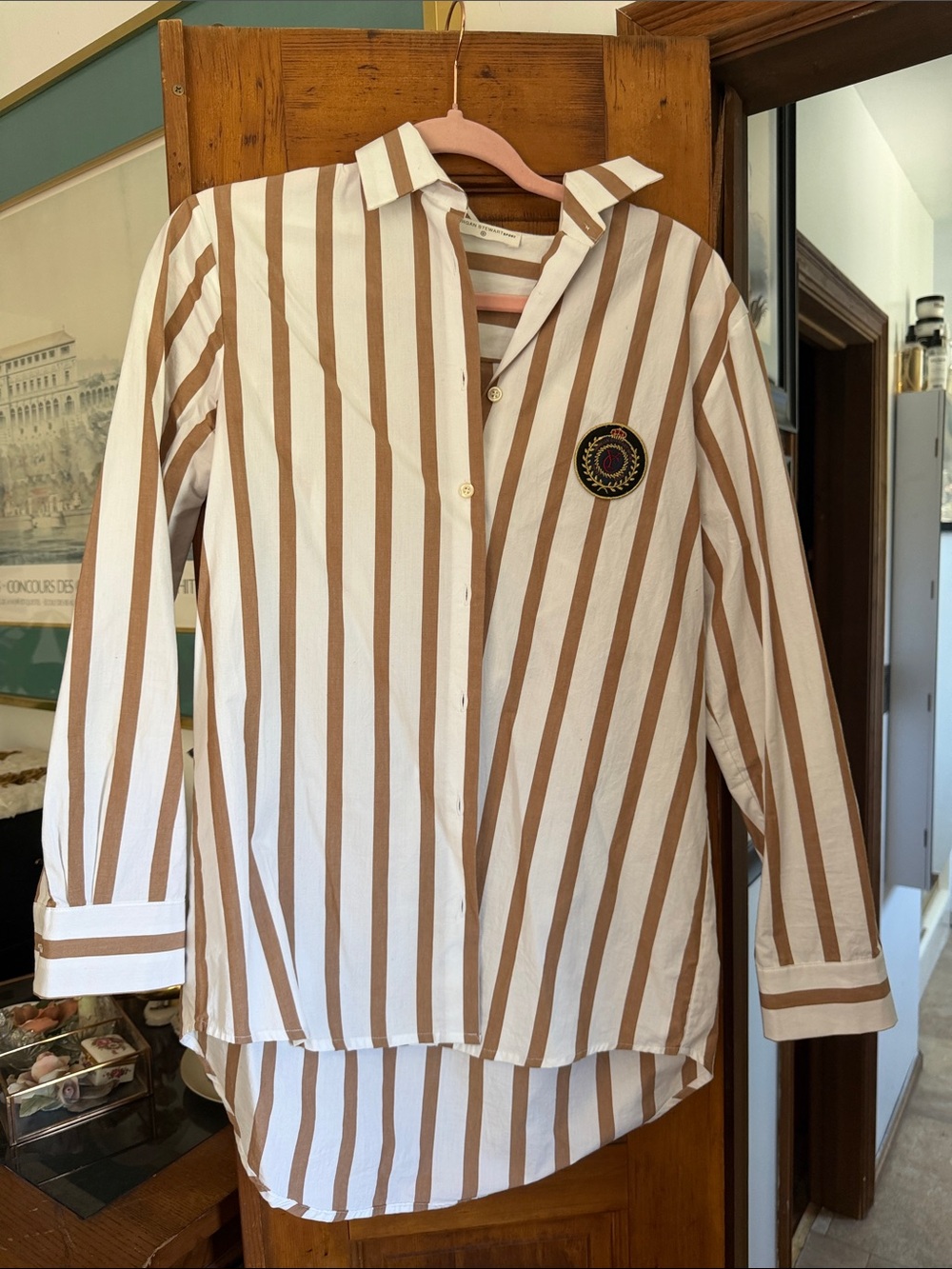 Morgan Stewart Sport Striped Button-Up Shirt in White and Tan with Pink Accent